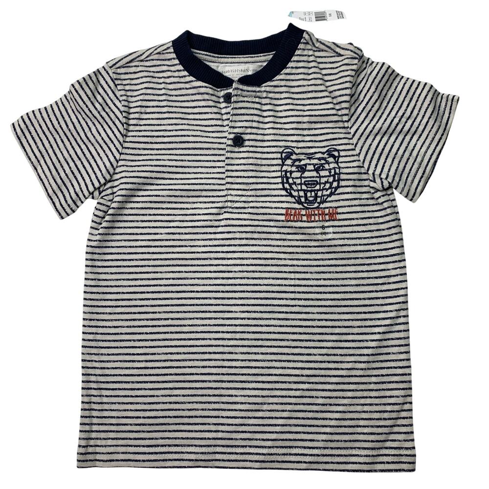 Toughskins Boys Sz 4 Small Bear With Me Striped Graphic Cotton Henley Tee Shirt